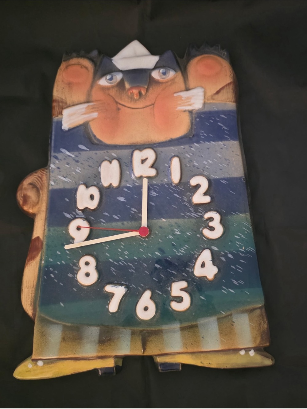 German Handmade Cat Wall Clock in Striped Blue-Green